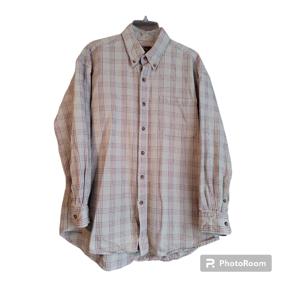 Bob Timberlake Lg mens button down shirt plaid red/blue on tan